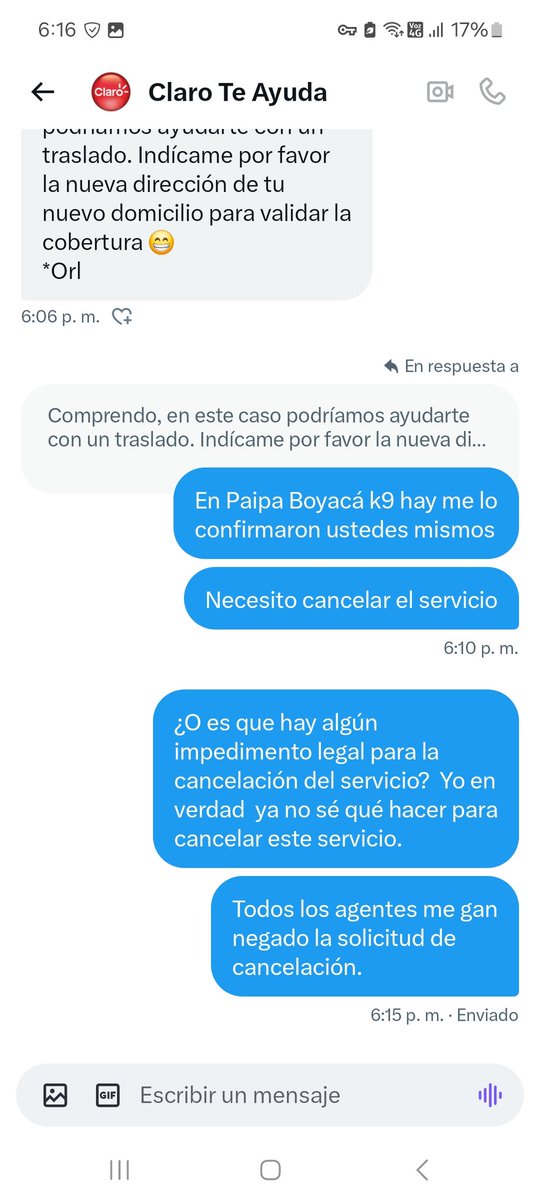 antaroto's tweet photo. @ClaroColombia @sicsuper Pues por este medio también se negaron a mi solicitud. Solo aceptan traslados. @sicsuper por favor ayuda. @ClaroColombia se niega a recibir mi solicitud de cancelación del servicio. Nunca me volvieron a responder. https://t.co/MzcYXZKYHW