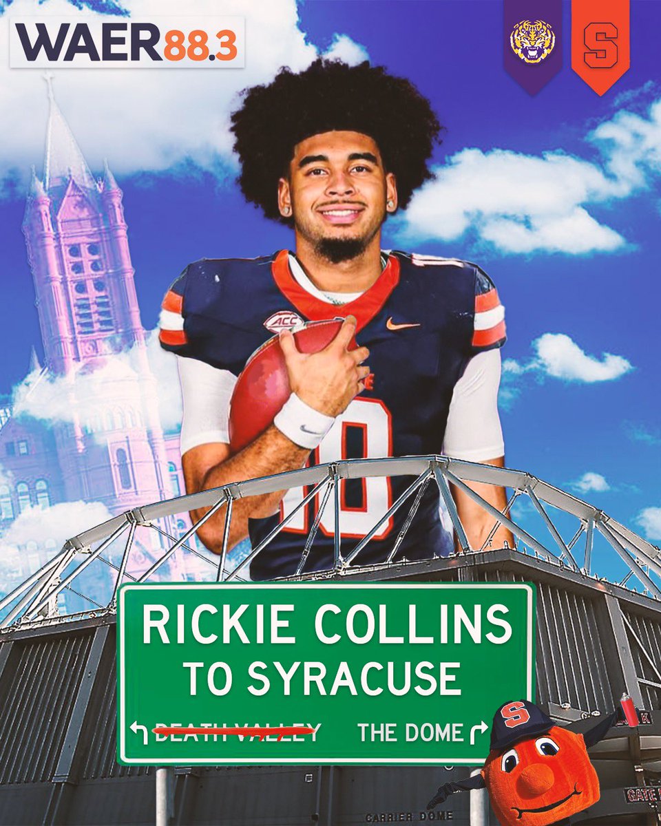 WAER Sports (@waersports) on Twitter photo Former 4⭐️ QB Rickie Collins has committed to <a href="/CuseFootball/">Syracuse Football</a> from <a href="/LSUfootball/">LSU Football</a>.
🍊 No. 15 QB in the class of ‘23
🍊 No. 9 player in Louisiana out of high school
🍊 3 years of eligibility left
Welcome to ‘Cuse, <a href="/RickieJCollins1/">Rickie J.Collins</a>! Former 4⭐️ QB Rickie Collins has committed to <a href="/CuseFootball/">Syracuse Football</a> from <a href="/LSUfootball/">LSU Football</a>.
🍊 No. 15 QB in the class of ‘23
🍊 No. 9 player in Louisiana out of high school
🍊 3 years of eligibility left
Welcome to ‘Cuse, <a href="/RickieJCollins1/">Rickie J.Collins</a>!