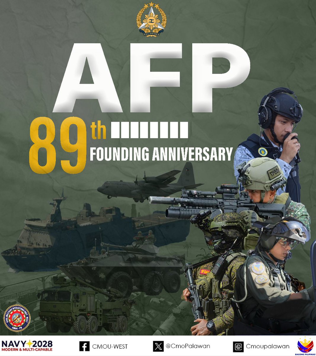 𝐓𝐡𝐞 𝐂𝐢𝐯𝐢𝐥 𝐌𝐢𝐥𝐢𝐭𝐚𝐫𝐲 𝐎𝐩𝐞𝐫𝐚𝐭𝐢𝐨𝐧𝐬 𝐔𝐧𝐢𝐭-𝐖𝐞𝐬𝐭 𝐣𝐨𝐢𝐧𝐬 𝐢𝐧 𝐭𝐡𝐞 𝐜𝐞𝐥𝐞𝐛𝐫𝐚𝐭𝐢𝐨𝐧 𝐨𝐟 𝐀𝐫𝐦𝐞𝐝 𝐅𝐨𝐫𝐜𝐞𝐬 𝐨𝐟 𝐭𝐡𝐞 𝐏𝐡𝐢𝐥𝐢𝐩𝐩𝐢𝐧𝐞𝐬 𝟖𝟗𝐭𝐡 𝐅𝐨𝐮𝐧𝐝𝐢𝐧𝐠 𝐀𝐧𝐧𝐢𝐯𝐞𝐫𝐬𝐚𝐫𝐲

#StrongAFPStrongPhilippines