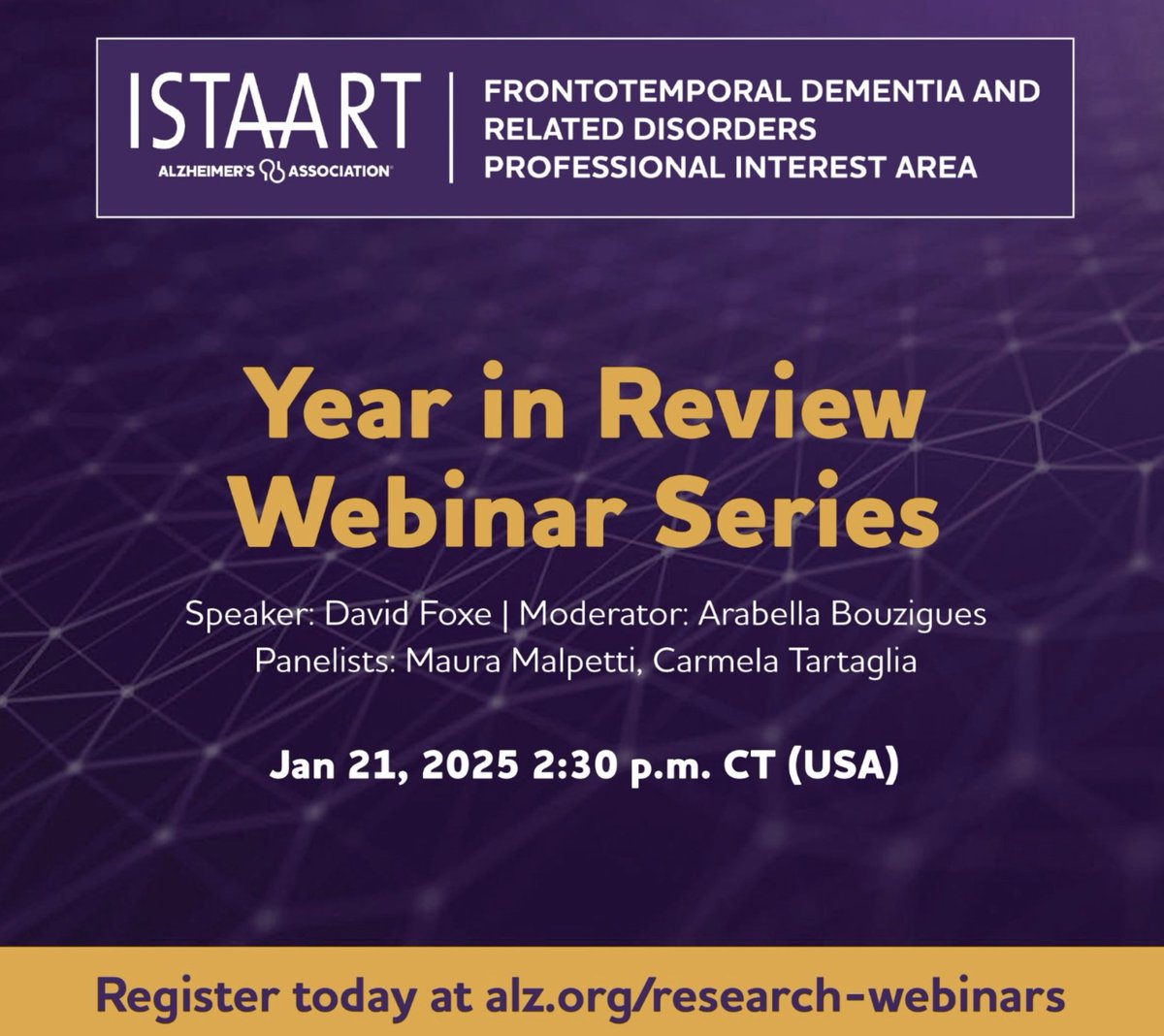 Frontotemporal Dementia and Related Disorders PIA (@ftdpia) on Twitter photo 🚨 Mark your calendars! Join the Year in Review Webinar Series hosted by the #FTD PIA.
🗓️ Jan 21, 2025 | 2:30 PM CT
🎙️ Speaker: David Foxe
đź’ˇ Moderator: <a href="/A_Bouzigues/">Arabella Bouzigues</a>
đź’¬Panelists: <a href="/M_Malpetti/">Maura Malpetti</a> <a href="/MC_Tartaglia/">CarmelaTartaglia</a>
Don’t miss it! Register now: alz.org/research-webin… 🚨 Mark your calendars! Join the Year in Review Webinar Series hosted by the #FTD PIA.
🗓️ Jan 21, 2025 | 2:30 PM CT
🎙️ Speaker: David Foxe
đź’ˇ Moderator: <a href="/A_Bouzigues/">Arabella Bouzigues</a>
đź’¬Panelists: <a href="/M_Malpetti/">Maura Malpetti</a> <a href="/MC_Tartaglia/">CarmelaTartaglia</a>
Don’t miss it! Register now: alz.org/research-webin…