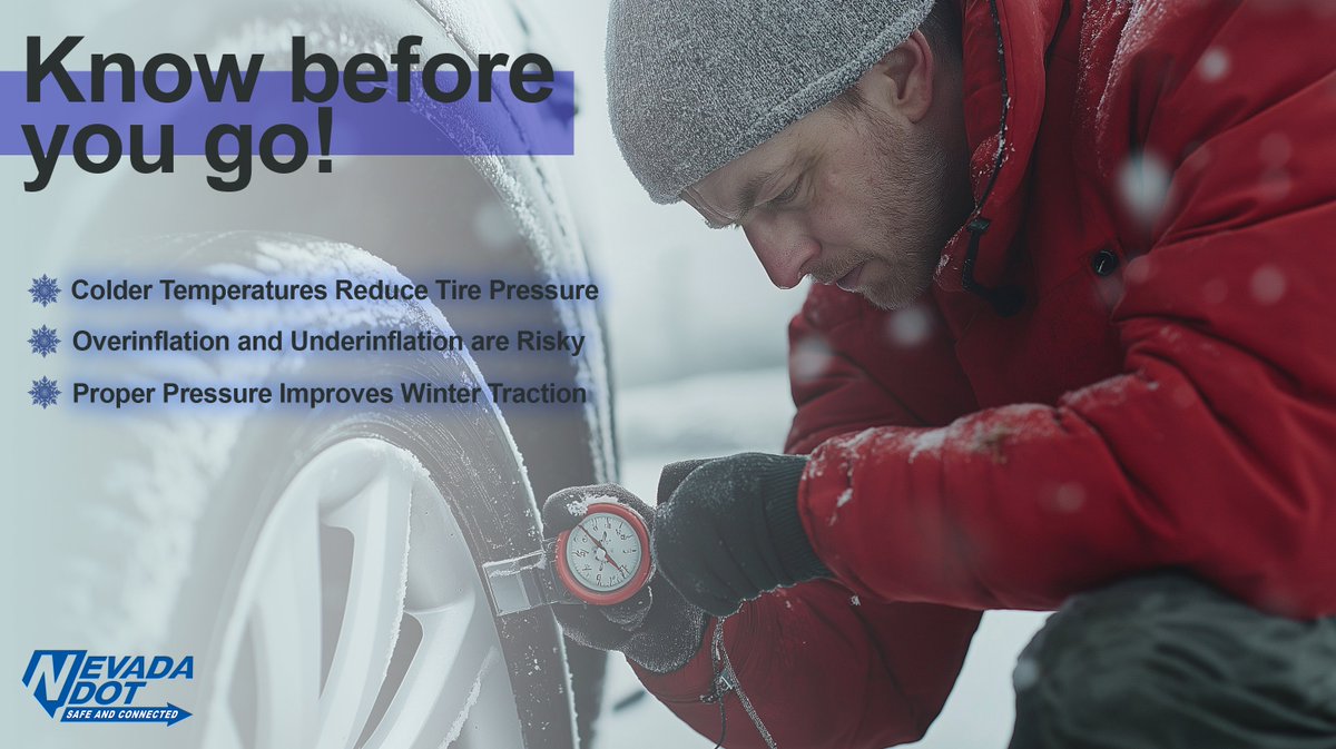 nevadadot's tweet photo. Cold weather = time to check your tires! Keep your car safe with the right tire pressure. #NDOT #WinterDriving https://t.co/LtX5f7zOJX