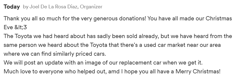 OfficialEoJ's tweet photo. EoJ is happy to announce that the GoFundMe was a success! Thank you to everyone who sent words of support, shared the page, and especially to those who donated. You’ve given one family the greatest gift of all this year, hope. Further updates will be posted on the GoFundMe page. https://t.co/4VFaq2Eo0j