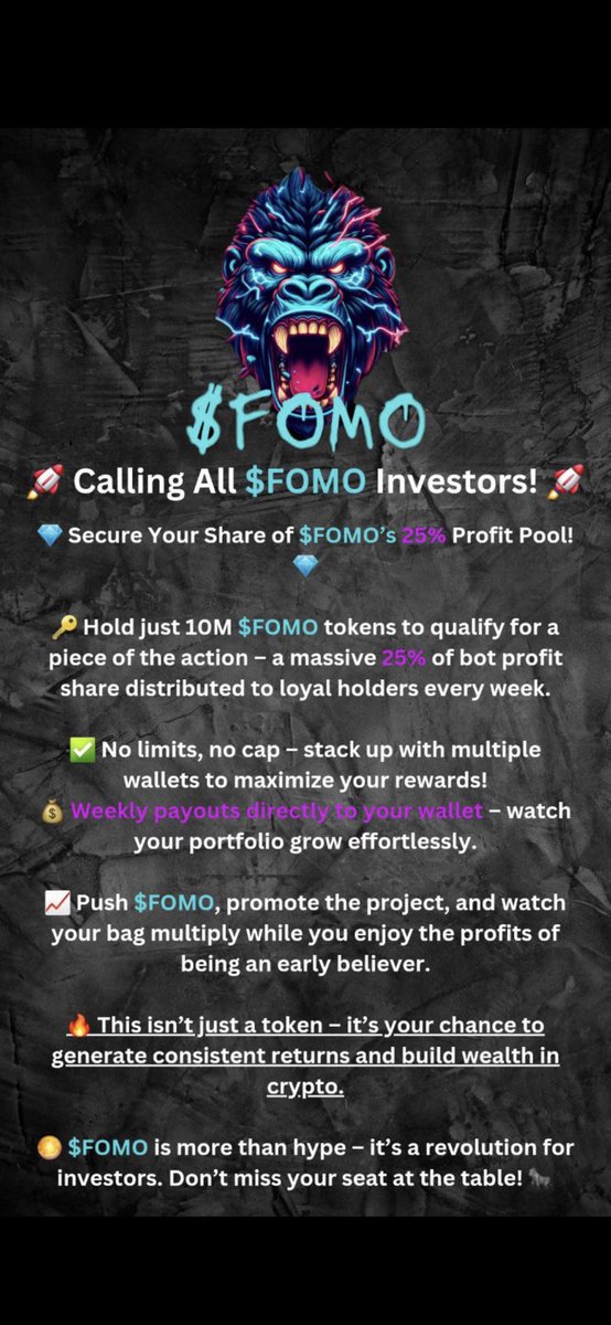 <a href="/elonmusk/">Elon Musk</a> Are you ready for $FOMO on sol just
Launchd today to be green in this sea of red. t.me/thefomoportal

Utility 
25% profit share for 1% and above holders 

Dex screen reactions bot, boost your 🚀 or 🔥. 0.5 sol per 500

Or if you prefer....send a competitor or fudders 💩 or