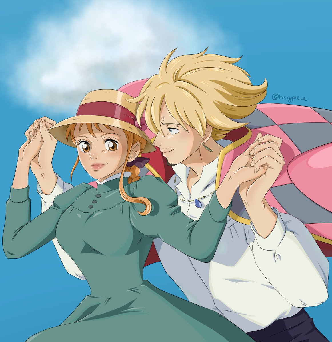 BSGpiece's tweet photo. Sanji and Nami as Sophie and Howl, from Howl's Moving Castle 💙🧡

This is my Secret Santa gift for @Nonoel_art, hope you like it!

@SaNamiEvents https://t.co/zqURjrcbjo
