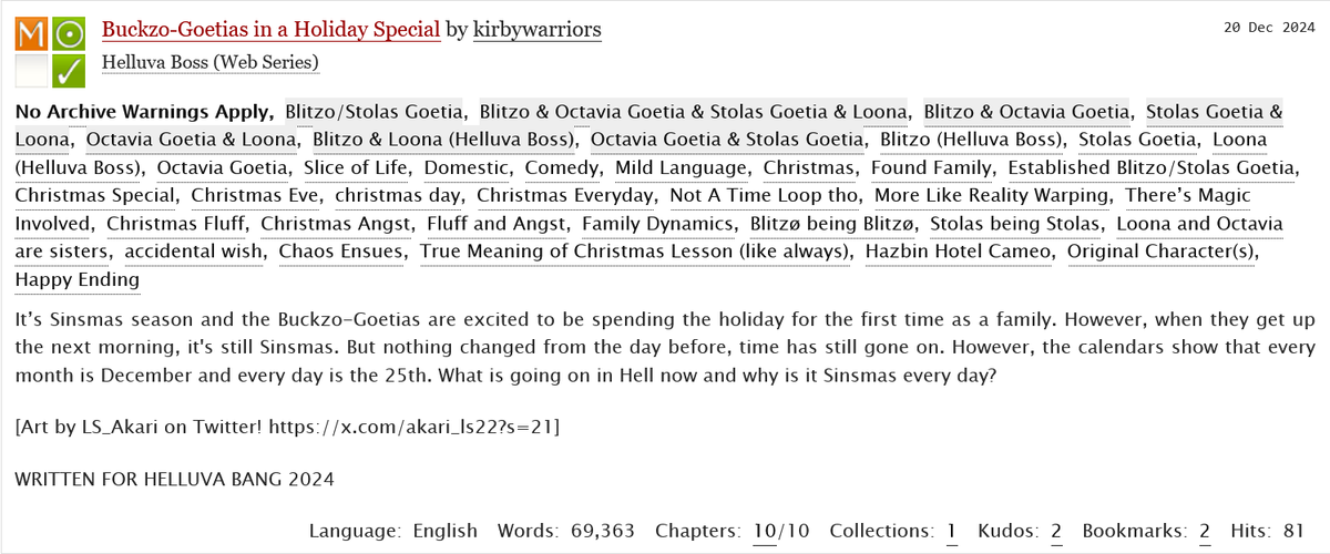HELLUVABANG's tweet photo. Buckzo-Goetias in a Holiday Special by @kirbywarriors, with art by @ls_akari, is now live on ao3 ‼️ tune in for some blended family holiday fun that goes just a little sideways... as it tends to

https://t.co/i8pZhWC4mx

#HelluvaBang https://t.co/nj7oMp7fZ6