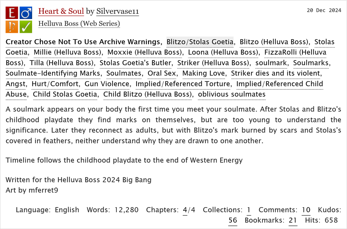 HELLUVABANG's tweet photo. Heart &amp; Soul by @Silvervase, with art by @mferret9, is now live on ao3 ‼️ did someone say soulmate au?

https://t.co/poRWDHNEF6

#HelluvaBang https://t.co/8Sqv3Vmbp7