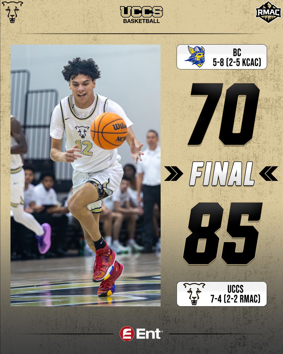 FINAL | UCCS 8️⃣5️⃣, BC 7️⃣0️⃣

🏀 Becker: 29 pts, 4 Ast, 11 Rebs
🏀 Pranger: 12 pts, 3 Rebs, Steal
🏀 Martinez: 10 pts, 5 Ast, 2 Stl

🗓️: We're back in action on Jan. 3rd when we travel to Gunnison to take on Western Colorado in a non-conference tilt.

#GoMountainLions #RMACmbb
