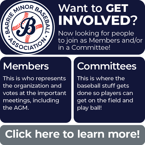 Barrie Minor Baseball is a growing organization that needs more people to get involved! We are looking for Members and people to join Committees! Full details at BarrieBaseball.com
