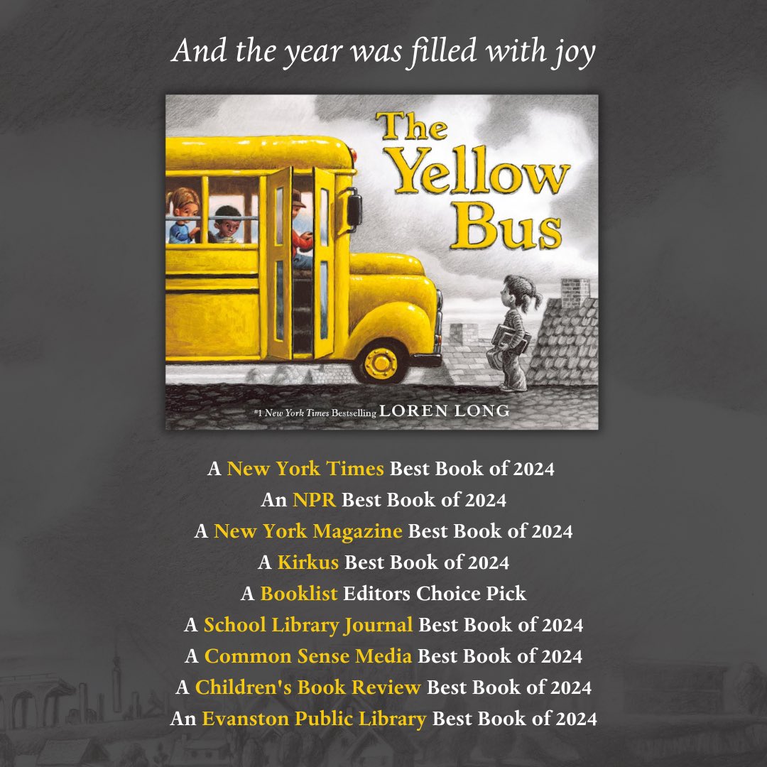 lorenlong's tweet photo. Scribble, scratch, paint, it’s been a fun year. Grateful that THE YELLOW BUS has appeared on some Best Of lists. Happy Holidays! @MacKidsBooks @MacKidsSL @MacmillanUSA https://t.co/o5hSoief3O