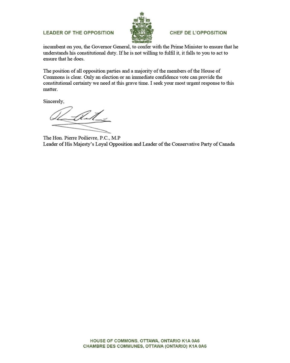 I have written the Governor General confirming that the Prime Minister has lost the confidence of the House and that Parliament must be recalled to hold a vote before the end of the year on triggering an Axe The Tax election. 

I am asking the NDP leader to match his actions to
