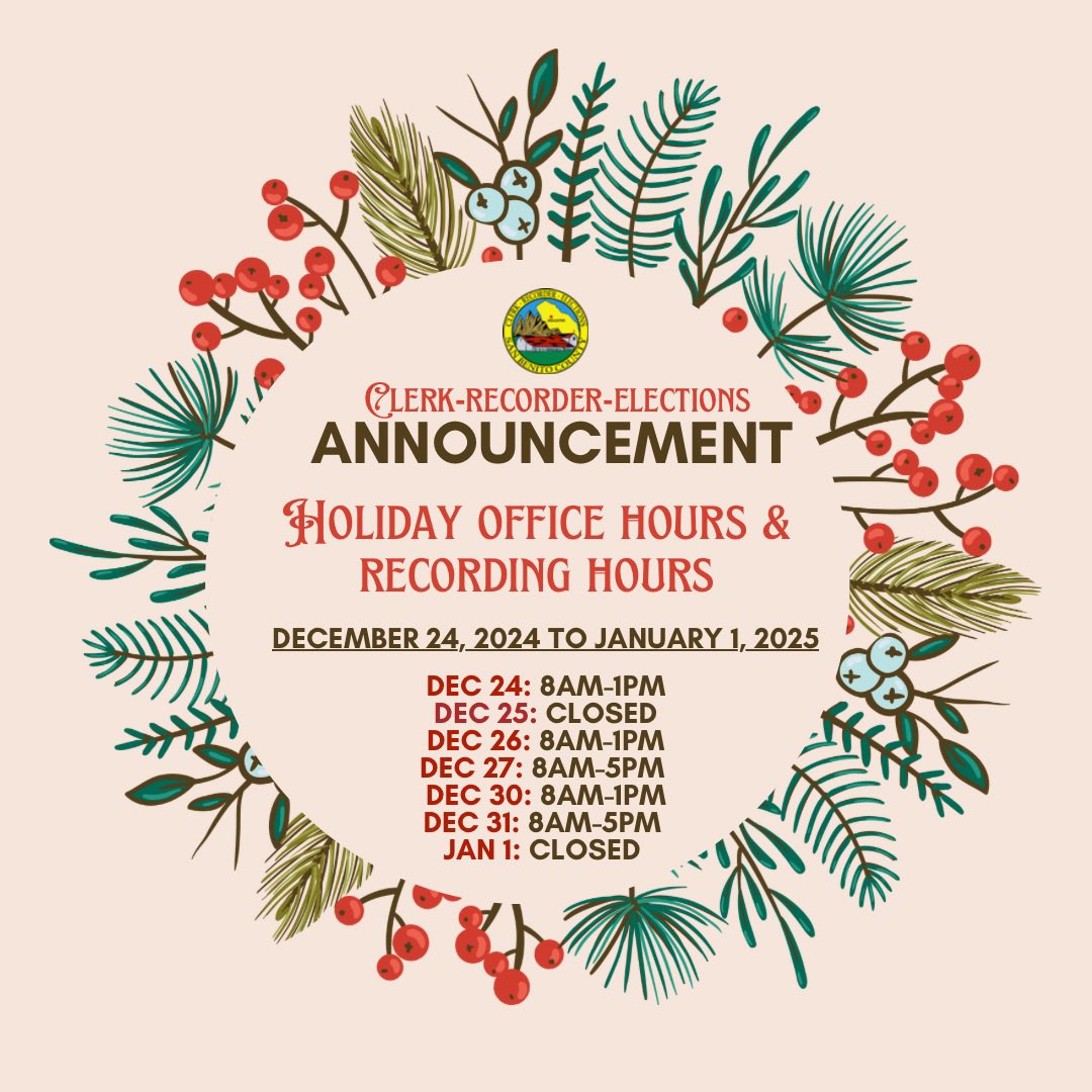SBCVOTE's tweet photo. Updated Clerk-Recorder-Elections Office Hours and Recording Hours for December 24-January 1. 
—
Horario de oficina actualizado del Secretario-Registrador-Elecciones y Horario de grabación del 24 de diciembre al 1 de enero. https://t.co/CrUfAWLMAj