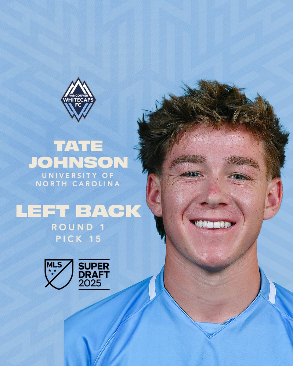 WhitecapsFC's tweet photo. With the 15th overall selection in the 2025 @MLS #SuperDraft, Whitecaps FC select left back Tate Johnson from the University of North Carolina, @UNCmenssoccer ✍️

Welcome to Vancouver, Tate! 🌊

#VWFC | #TogetherWeDare https://t.co/dUv11TsJwo