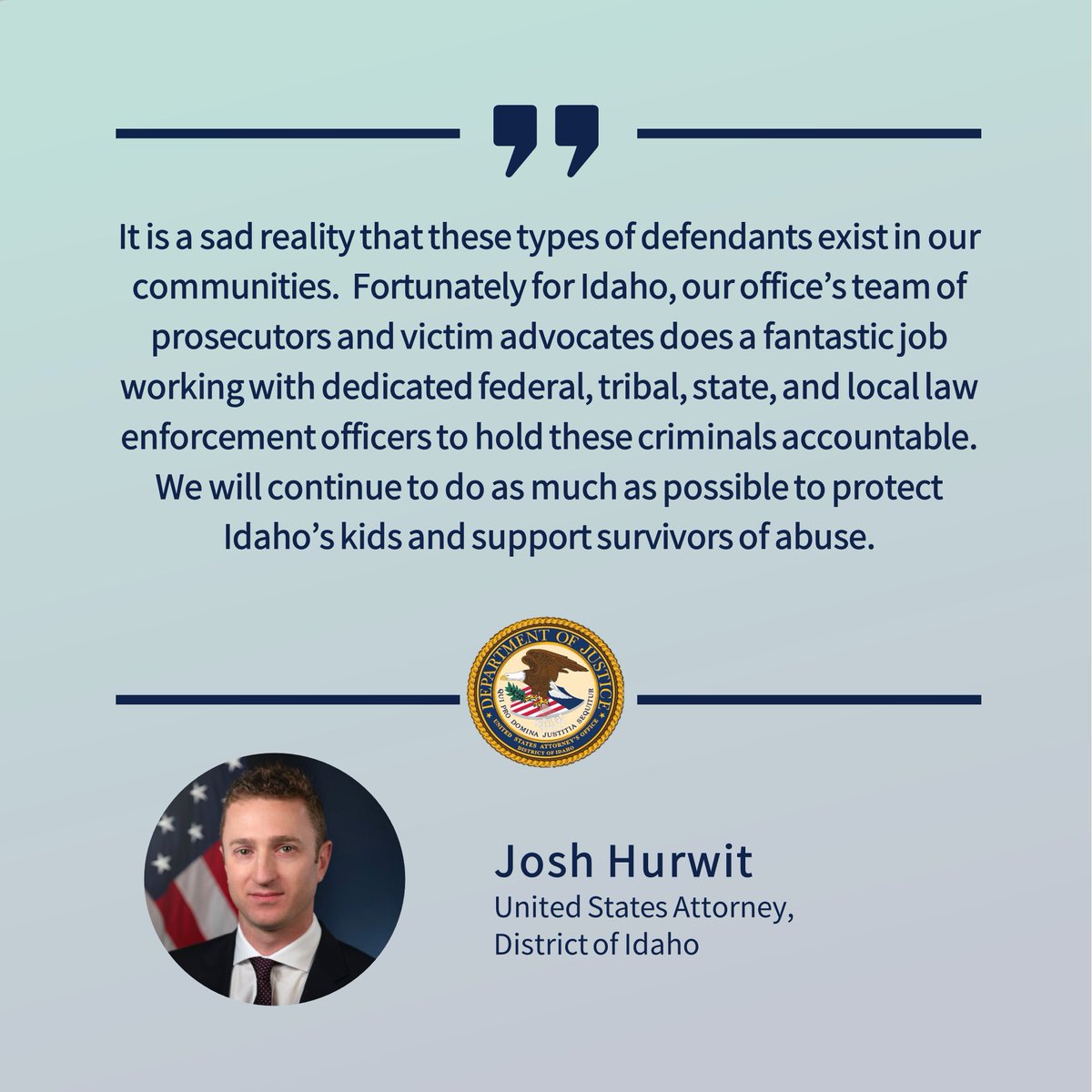Grateful to our many #ProjectSafeChildhood partners who work diligently to protect Idaho's kids.
<a href="/HSISeattle/">HSI Pacific Northwest</a> <a href="/Bonneville/">Bonneville</a> <a href="/IdahoFallsPD/">Idaho Falls Police</a> <a href="/IdahoICAC/">Idaho ICAC</a>