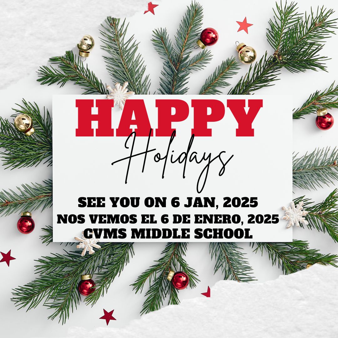 CFVMiddleSchool's tweet image. Enjoy your break, Cardinal Community! 🎉📅

We’ll be back on January 6th! Please note that there was an error in the Remote Learning schedule for January 6. The corrected schedule, now including all periods 1-7.

#CardinalCommunity #RemoteLearning #SeeYouSoon
