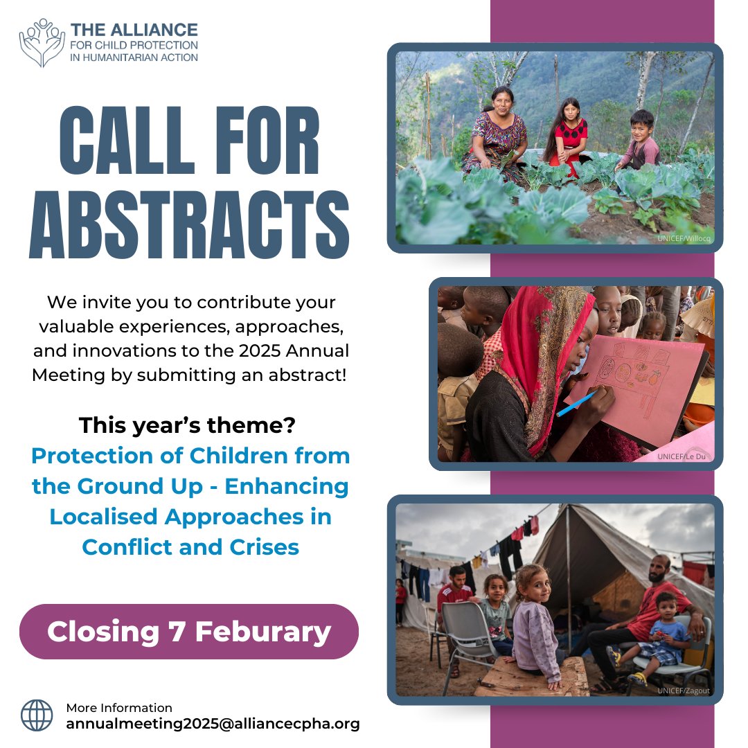 CPiE_Global's tweet photo. 🌱 Protecting Children From the Ground Up 🌍

This year's #AM2025 theme focuses on localised approaches in crises.

📅 TBC (2–13 June)
📍 Online
🔗 Learn how to submit your abstract today: https://t.co/sHw8pgi0Nx
#AM2025 #CPHA #Localisation #LocalisedApproaches #Conflict #Crises https://t.co/4IHiQ8KNgI