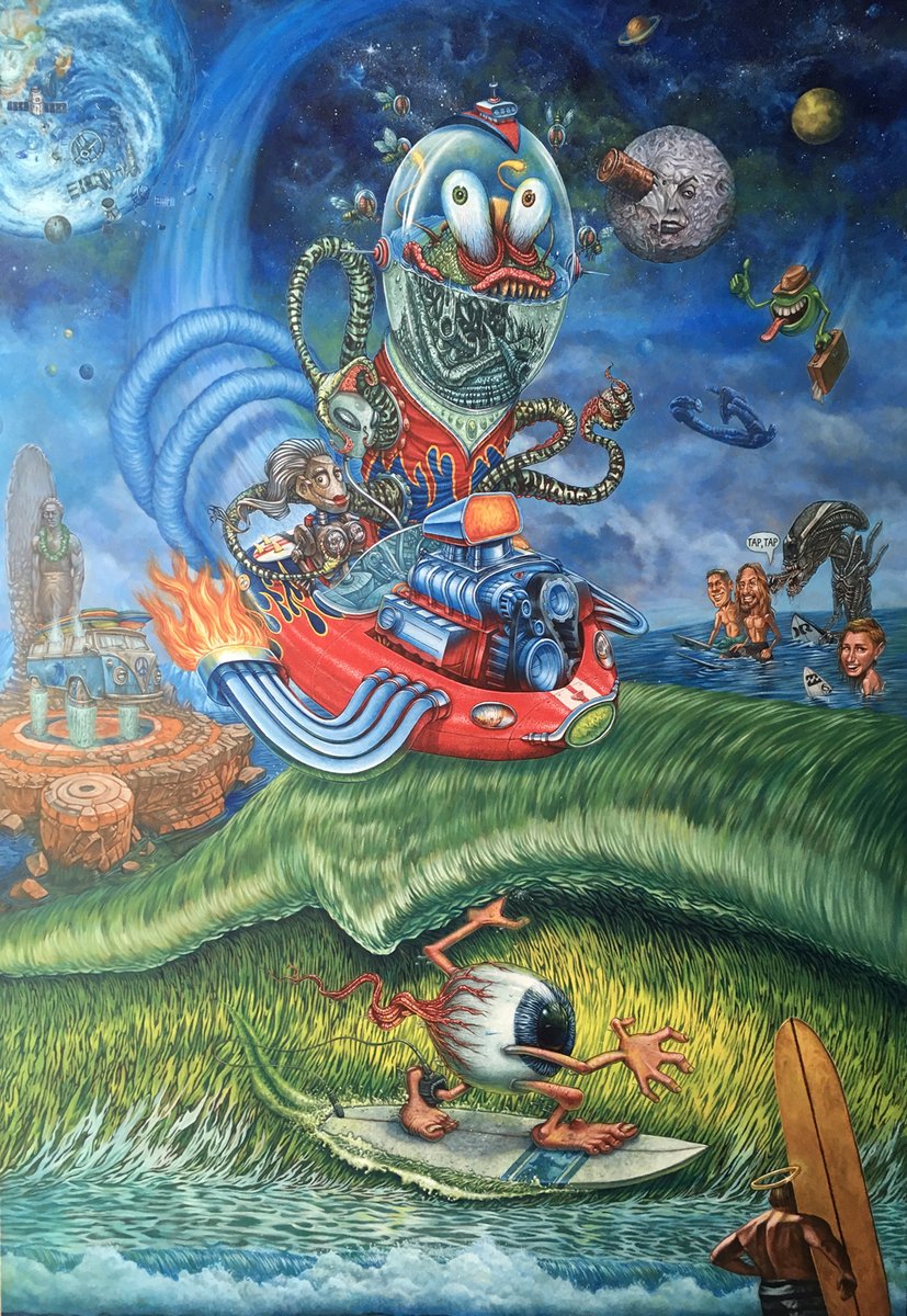 rsart14's tweet photo. My "Planet Surf" and "Humanity's Monster" paintings will be on display at the Huntington Beach Art Center Jan 25-March 29. If you're in the area stop by and check them out. If you can make the opening Jan 25 I'll be there, say Hi. #art #artist #acrylicpainting #surrealism https://t.co/vHn98dFods