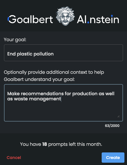 goalscape's tweet photo. Go to Goalscape https://t.co/4vPNHUDskR and start using Goalbert AI.nstein to leverage the power of AI for your goal setting (if you do not have an account, click Sign Up https://t.co/tyJCSFH8cm and try it for free). https://t.co/DfDdueHe6y