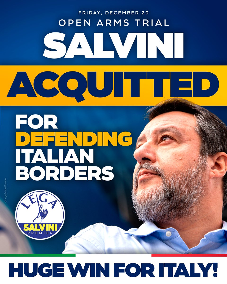 matteosalvinimi's tweet image. ACQUITTED in the trial where I was charged with stopping mass immigration and defending my country as Minister of the Interior.
The League wins, common sense wins, Italy wins.
Heartfelt thanks to everyone who expressed support and solidarity from around the world. I share my…