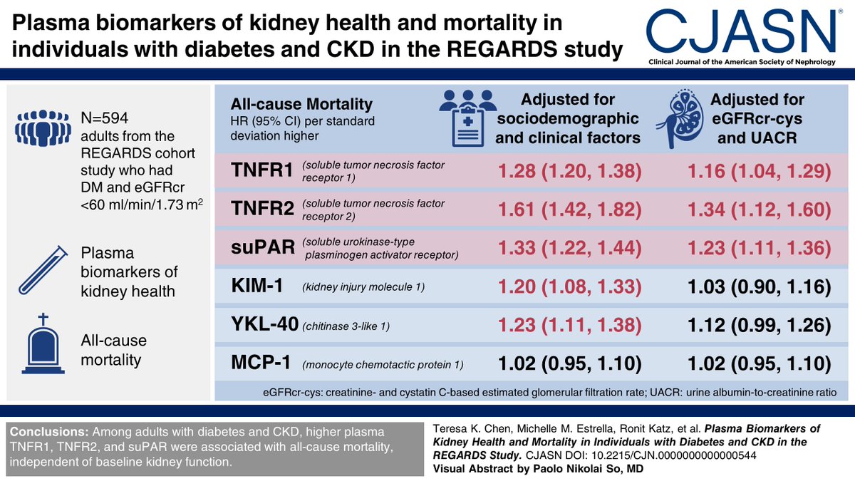 Several plasma biomarkers of kidney health have been associated with CKD progression in persons with diabetes, but their associations with mortality risk have been largely unexplored. In this study, among adults with diabetes and CKD, higher plasma TNFR1, TNFR2, and suPAR were