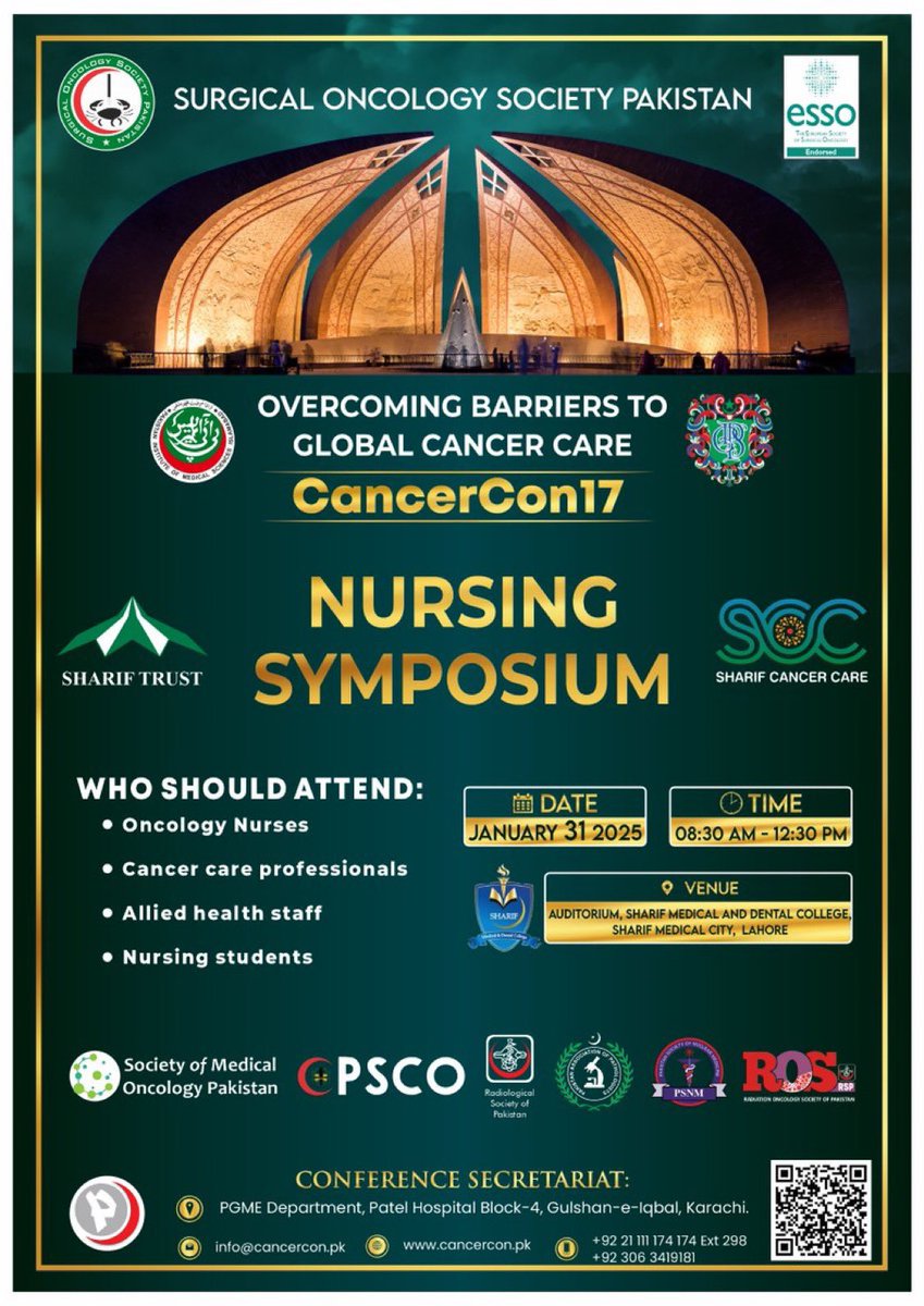 Haroon Javaid Majid (@hjmajid) on Twitter photo Calling all nurses! 🩺
Join the #NursingSymposium at #CancerCon17:
📅 31 Jan 2025 | 🕣 8:30 AM | 📍 Sharif Medical City, Lahore
🎯 “Overcoming Barriers to Global Cancer Care” 🌍
Register now: cancercon.pk/registration
<a href="/SOS_Pk/">Surgical Oncology Society Pakistan. SOSPK</a> #OncologyNursing
<a href="/Dr_Khan/">Dr. Adnan Khan</a> <a href="/SharifMedCity/">Sharif Medical City</a> <a href="/SOS_Pk/">Surgical Oncology Society Pakistan. SOSPK</a> Calling all nurses! 🩺
Join the #NursingSymposium at #CancerCon17:
📅 31 Jan 2025 | 🕣 8:30 AM | 📍 Sharif Medical City, Lahore
🎯 “Overcoming Barriers to Global Cancer Care” 🌍
Register now: cancercon.pk/registration
<a href="/SOS_Pk/">Surgical Oncology Society Pakistan. SOSPK</a> #OncologyNursing
<a href="/Dr_Khan/">Dr. Adnan Khan</a> <a href="/SharifMedCity/">Sharif Medical City</a> <a href="/SOS_Pk/">Surgical Oncology Society Pakistan. SOSPK</a>