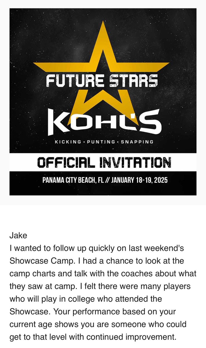 JakeGuardiola's tweet photo. Thank you @KohlsKicking for a great camp and ranking me as a 4 star kicker and a 3.5 star ranking as a Punter ! 
Also thanks for the Future Stars invitation! 
Kicker Rank - 4 ⭐️⭐️⭐️⭐️
Punter Rank - 3.5 ⭐️⭐️⭐️
@TheCoachKawesa @CoachJasonA3 @OberkromKicking @coryelolf https://t.co/kPe4gzMstY