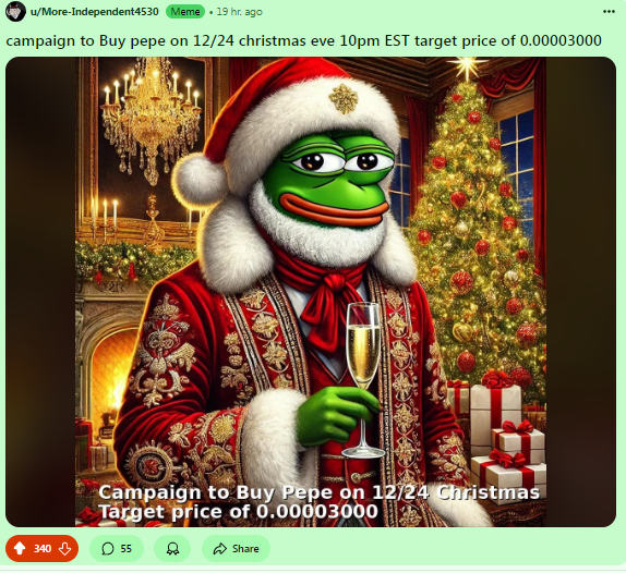 y00thereum's tweet photo. Reddit $PEPE subreddit with over 30,000 members planning to mass buy $PEPE on 12/24 Christmas Eve 10pm EST target price of 0.00003000 
What if.. we the pepeople on 𝕏 also buy in the same time? 🐸💹 https://t.co/oyNqVEmBcI