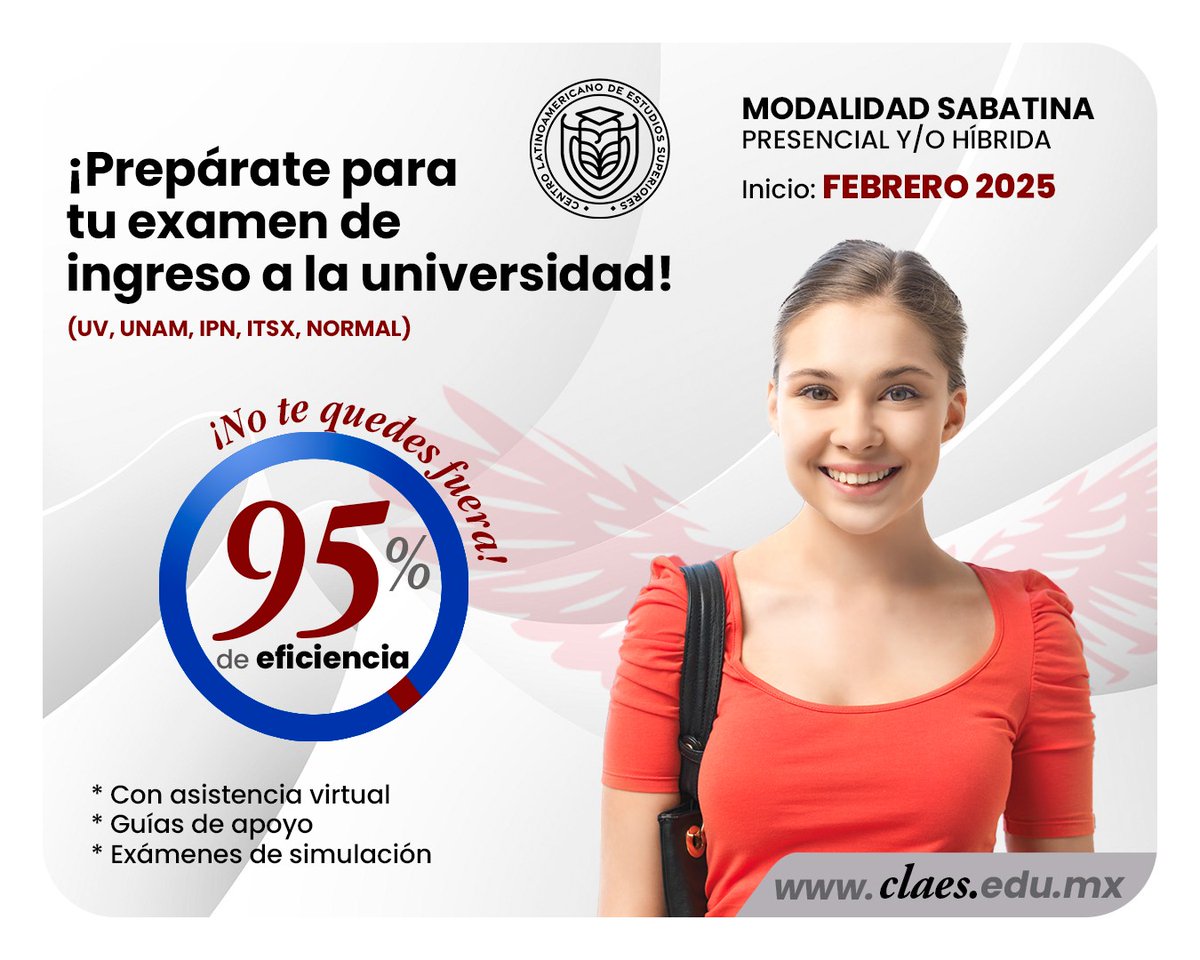 Claesuniversid1's tweet photo. ¿Estás listo para tu examen de ingreso a la universidad?
¡Prepárate con nosotros! 🔝🎓
#UniversidadClaes🦉 #SoyClaes #EducaciónEnLínea #búhosclaes #Ingreso2025 #CursoUniversidad #UV #UNAM #BENV #IPN #ITSX #Xalapa https://t.co/4JmjyN7M92