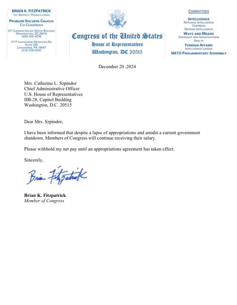 RepBrianFitz's tweet photo. If our troops and hardworking Americans are not paid during a government shutdown, Members of the House and Senate must not be paid either.  I’ve instructed the Chief Administrative Officer to withhold my salary until Congress does its job—and I urge all of my colleagues in both the House and the Senate to put their money where their mouth is and to do the same—until an appropriations agreement is reached and our responsibilities to the American people are met.  

Leaders must lead by example. That’s how the private sector works, and that’s how our government must work as well.  #NoBudgetNoPay