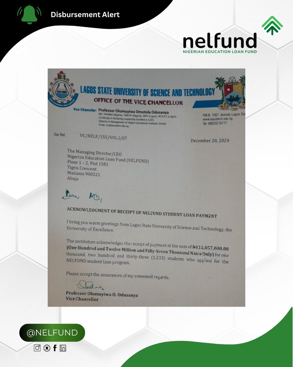 NELFUND's tweet photo. π Acknowledgment: Lagos State University of Science and Technology receives β¦112,057,000 from @NELFUND for 1,233 students.
#NelfundStudentsLoan
#lagos
#lasut https://t.co/93sMs5gbM8