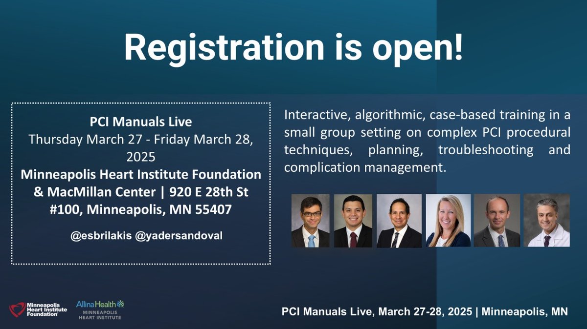 Center for Coronary Artery Disease (@ccad_mhif) on Twitter photo Registrations are now open for #PCIManualsLive!
Join us! <a href="/esbrilakis/">Emmanouil Brilakis</a> <a href="/yadersandoval/">Yader Sandoval</a>
📅 March 27-28, 2025
🏥 Location: Minneapolis <a href="/MHIF_Heart/">Minneapolis Heart Institute Foundation</a>
🔗 shorturl.at/VTvd4 Registrations are now open for #PCIManualsLive!
Join us! <a href="/esbrilakis/">Emmanouil Brilakis</a> <a href="/yadersandoval/">Yader Sandoval</a>
📅 March 27-28, 2025
🏥 Location: Minneapolis <a href="/MHIF_Heart/">Minneapolis Heart Institute Foundation</a>
🔗 shorturl.at/VTvd4