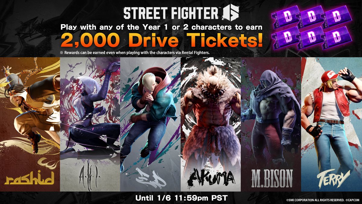 Earn 2000 Drive Tickets just by playing with any Year 1 or 2 character for a limited time!

You can even use a Rental Ticket to complete this event.

🎫 Details - bit.ly/SF62000DriveTi…