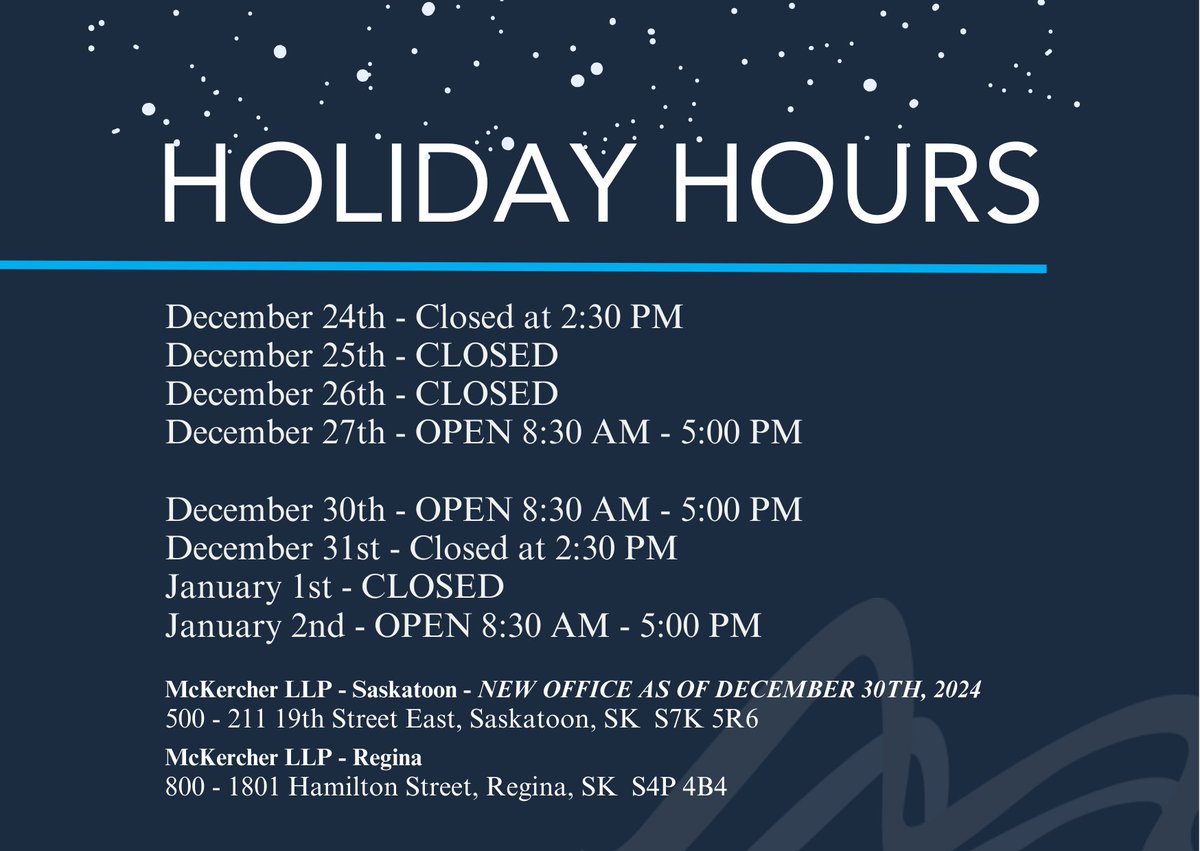 McKercher LLP (@mckercherllp) on Twitter photo From all of us at <a href="/McKercherLLP/">McKercher LLP</a>, we wish you a safe and magical holiday season!
Our Saskatoon and Regina Holiday Office Hours are posted below. From all of us at <a href="/McKercherLLP/">McKercher LLP</a>, we wish you a safe and magical holiday season!
Our Saskatoon and Regina Holiday Office Hours are posted below.