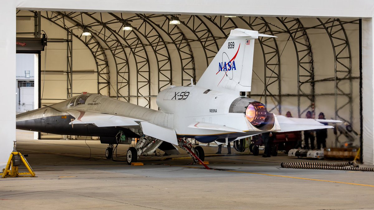 NASA's tweet image. The X-59, @NASAAero’s quiet supersonic aircraft, completed its maximum afterburner engine run test. The afterburner adds additional thrust and, along with the engine, will allow the X-59 to meet its speed requirements: go.nasa.gov/3BGtL4Q