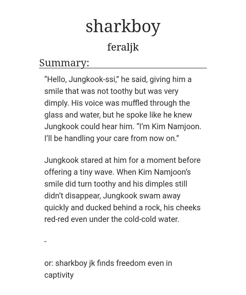 coraskive's tweet photo. sharkboy by @feraljk

» namkook
» 4.9k
» “I’ll be handling your care from now on.” JK stared at him before offering a tiny wave. When NJ’s smile turned toothy, JK swam away &amp; ducked behind a rock, cheeks red.
» sharkboy jk finds freedom even in captivity

https://t.co/zVJV9UBHT9 https://t.co/4nNXGFE4Ry