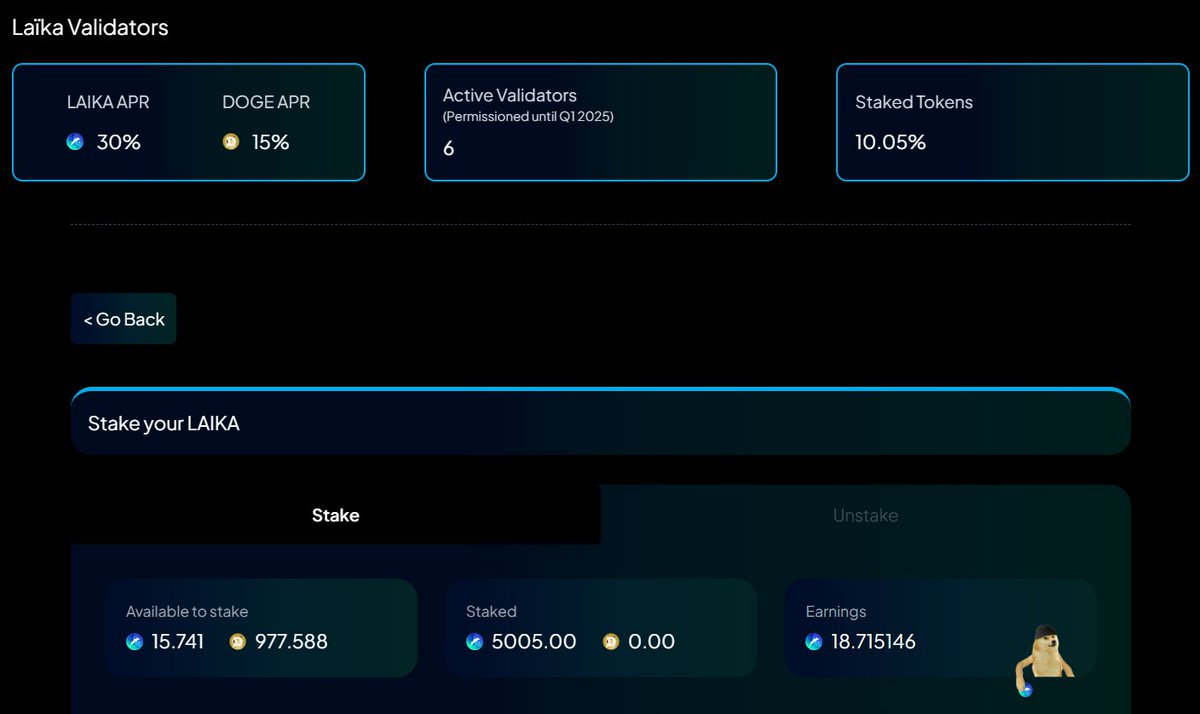 Jim_buildr's tweet photo. 10% of the circulating $Laika supply are staked.

Earning is 30% per year, with only 4 days locking period after staking.

By staking 5k $Laika you can earn 5-6 tokens/day for free.

When @Laika_Layer2  will hit $10, it will represent a nice amount 👀

Other token utilities:

🔷Used as gas fees soon
🔷Medium for transactions (LP could be provided in Laïka for example)
🔷Switch easiely from CEX to Laïka network