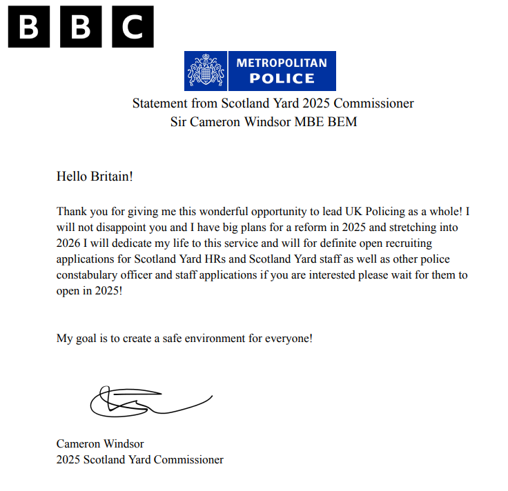 BBCRobloxMMXXIV's tweet image. Statement from Scotland Yard 2025 Commissioner Sir Cameron Windsor MBE BEM!