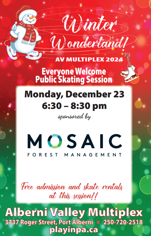 mosaicforests's tweet image. Enjoy free ice skating at the Alberni Valley Multiplex on December 23, 2024 between 6:30 pm and 8:30 pm. Bring the family - everyone is welcome! ⛸️