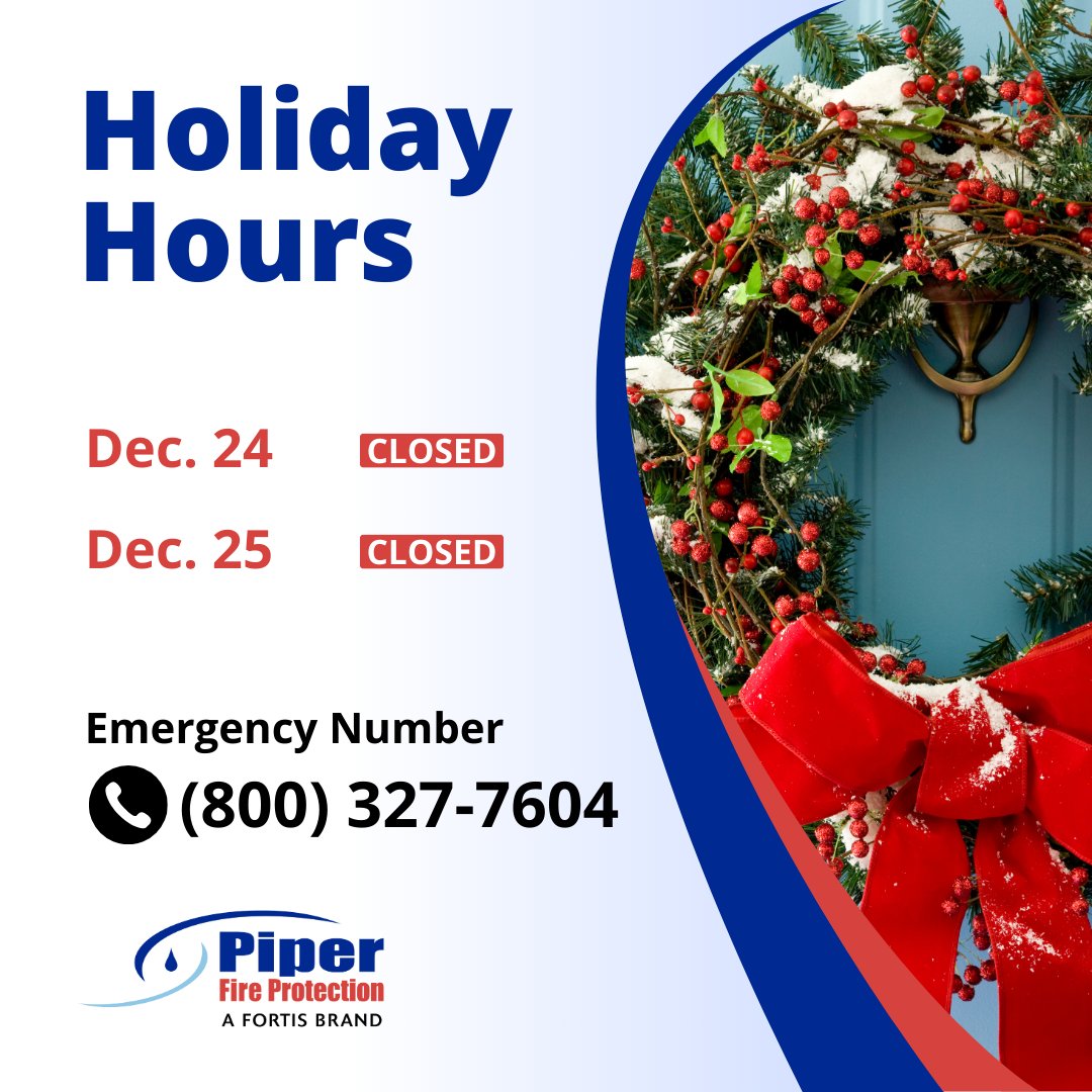 PiperFire's tweet image. To help our team have the happiest holidays possible, we’re closing our offices on Dec. 24 and 25.

But if you need emergency service, we’ll be available!

Just give us a ring at (800) 327-7604. 

#ClearwaterBusiness #PropertyManager #PropertyManagement #SarasotaBusiness