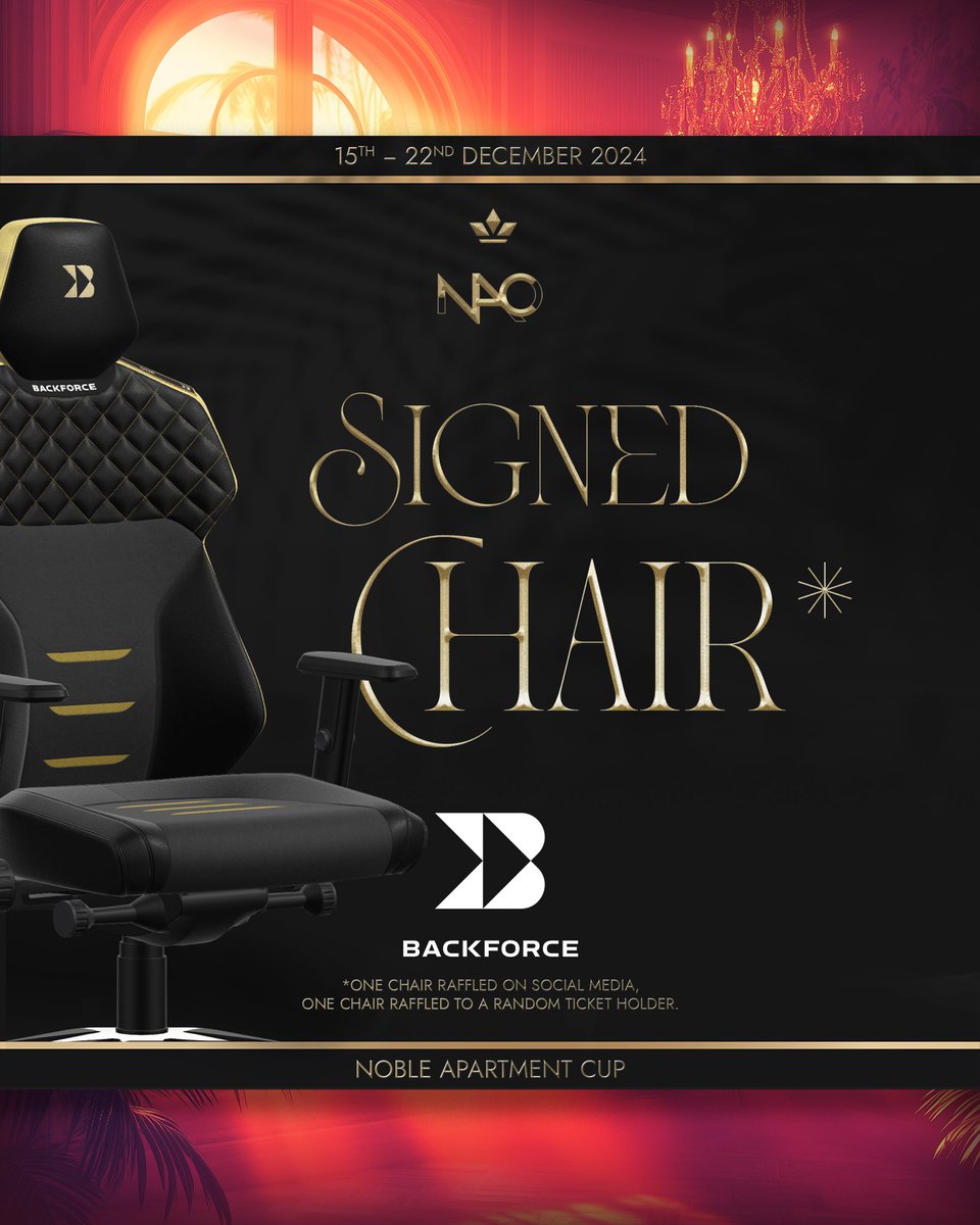 🚨 <a href="/Backforce_gg/">Backforce</a> Chair Giveaway! 🚨

Win a stunning Backforce One - Black Gold chair, signed at the NAC ✨

To enter:
🪑 Follow <a href="/Backforce_gg/">Backforce</a> &amp; <a href="/GamerLegionAoE/">GamerLegion AoE</a>
❤️ Like &amp; RT this post
👇 Tag a friend or drop a comment below

🎟️ Plus, one lucky NAC Watch Party ticket holder will