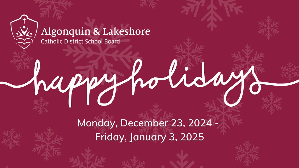 This is a reminder to all #ALCDSB families that Monday, December 23, 2024, is the first day of Christmas break! We look forward to welcoming students back to class on Monday, January 6, 2025. Have a safe, restful, and faith-filled holiday!  #ALCDSBWitness