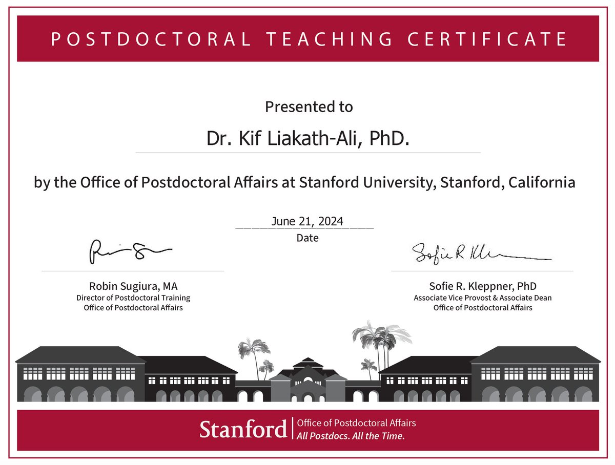Kif Liakath-Ali (@kifliakathali) on Twitter photo Grateful for Stanford's diverse training opportunities for postdocs, especially <a href="/StanfordOPA/">Stanford Postdocs</a>'s teaching program. Proud to receive my Stanford Postdoctoral Teaching Certificate today, which represents ~100 hours of teaching training over the period of my postdoc <a href="/Stanford_MCP/">StanfordMCP</a>. Grateful for Stanford's diverse training opportunities for postdocs, especially <a href="/StanfordOPA/">Stanford Postdocs</a>'s teaching program. Proud to receive my Stanford Postdoctoral Teaching Certificate today, which represents ~100 hours of teaching training over the period of my postdoc <a href="/Stanford_MCP/">StanfordMCP</a>.