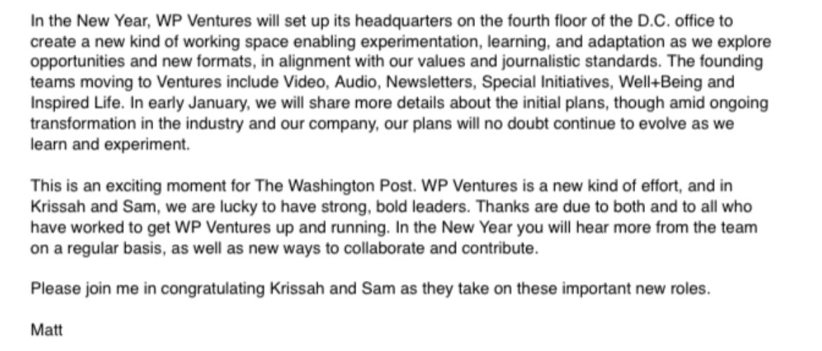 maxwelltani's tweet photo. New: In a note to staff, WaPo lays out details about the third newsroom, WP Ventures. The company announces that Krissah Thompson will lead WP Ventures, Samantha Henig will be GM. Video, audio, newsletters, special initiatives, other verticals will be part of WP Ventures. https://t.co/6hZT3tIMsD
