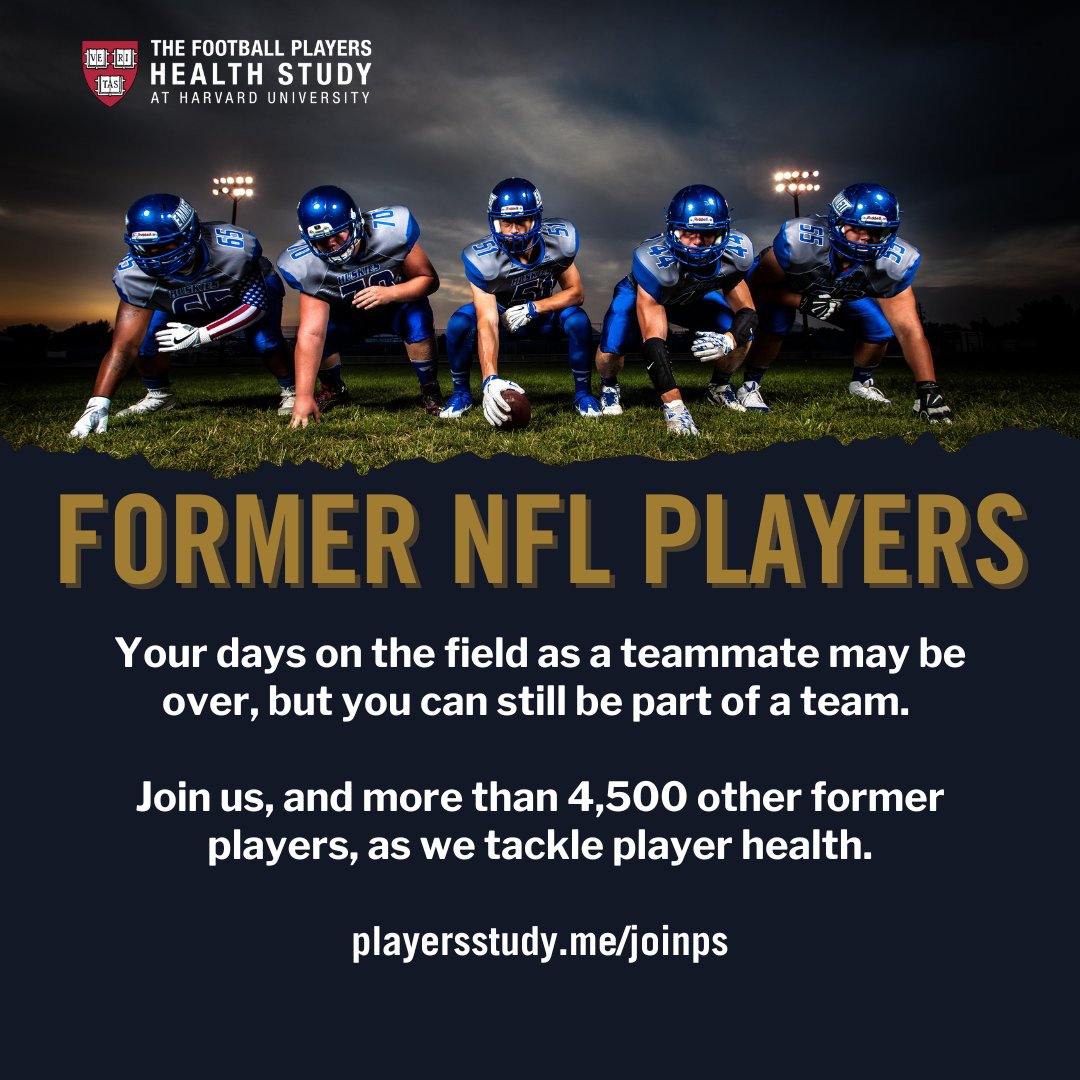 PlayersStudy's tweet photo. Former NFL players - your days on the field as a teammate may be over, but you can still be part of a team. Join us, and more than 4,500 other former players, as we tackle player health. Join us: https://t.co/P0gKi4DR3G
#PlayersStudy #NFL #NFLAlumni #PlayerHealth #NFLPA https://t.co/EFOsaZoXUa