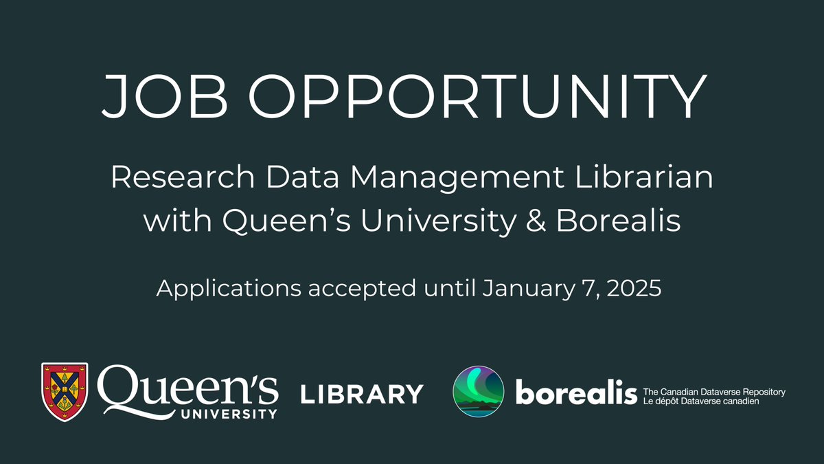 Borealis Data (@borealisdata) on Twitter photo <a href="/QueensULibrary/">Queen's U Library</a> is seeking applications for a Research Data Management Librarian - a joint opportunity to work at Queen’s and on the Borealis team!
Applications are due January 7, 2025. The full Job Posting & Position Guide are available here: library.queensu.ca/about/careers <a href="/QueensULibrary/">Queen's U Library</a> is seeking applications for a Research Data Management Librarian - a joint opportunity to work at Queen’s and on the Borealis team!
Applications are due January 7, 2025. The full Job Posting & Position Guide are available here: library.queensu.ca/about/careers