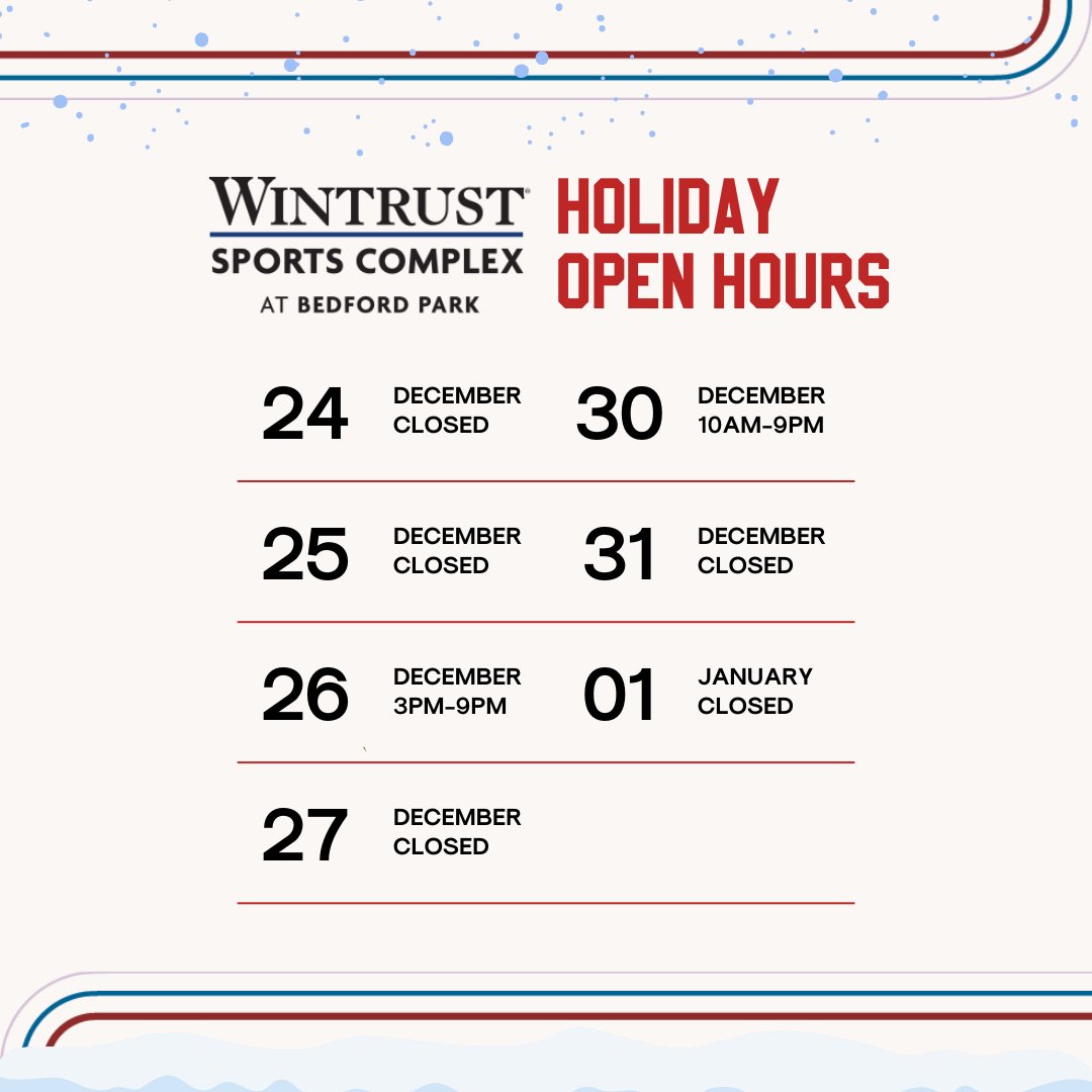 🎄 Holiday Hours Alert! 🎅 Plan your visits to Wintrust Sports Complex this season! Check out our special hours from December 24 to January 1. ❄️ Happy Holidays! 🎉 #WintrustSportsComplex #HolidayHours #HappyHolidays