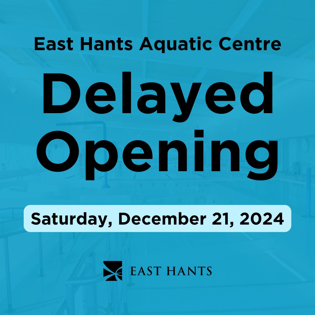 EastHantsNS's tweet photo. These municipal facilities will have delayed openings on Sat. Dec. 21:

East Hants Aquatic Centre delayed until 10am

East Hants Sportsplex delayed until 10am

Waste Management Centre delayed until 9am

We will reassess conditions by 9am on Dec. 21.

https://t.co/bYPNtgpnvd https://t.co/SdaS3SEChC