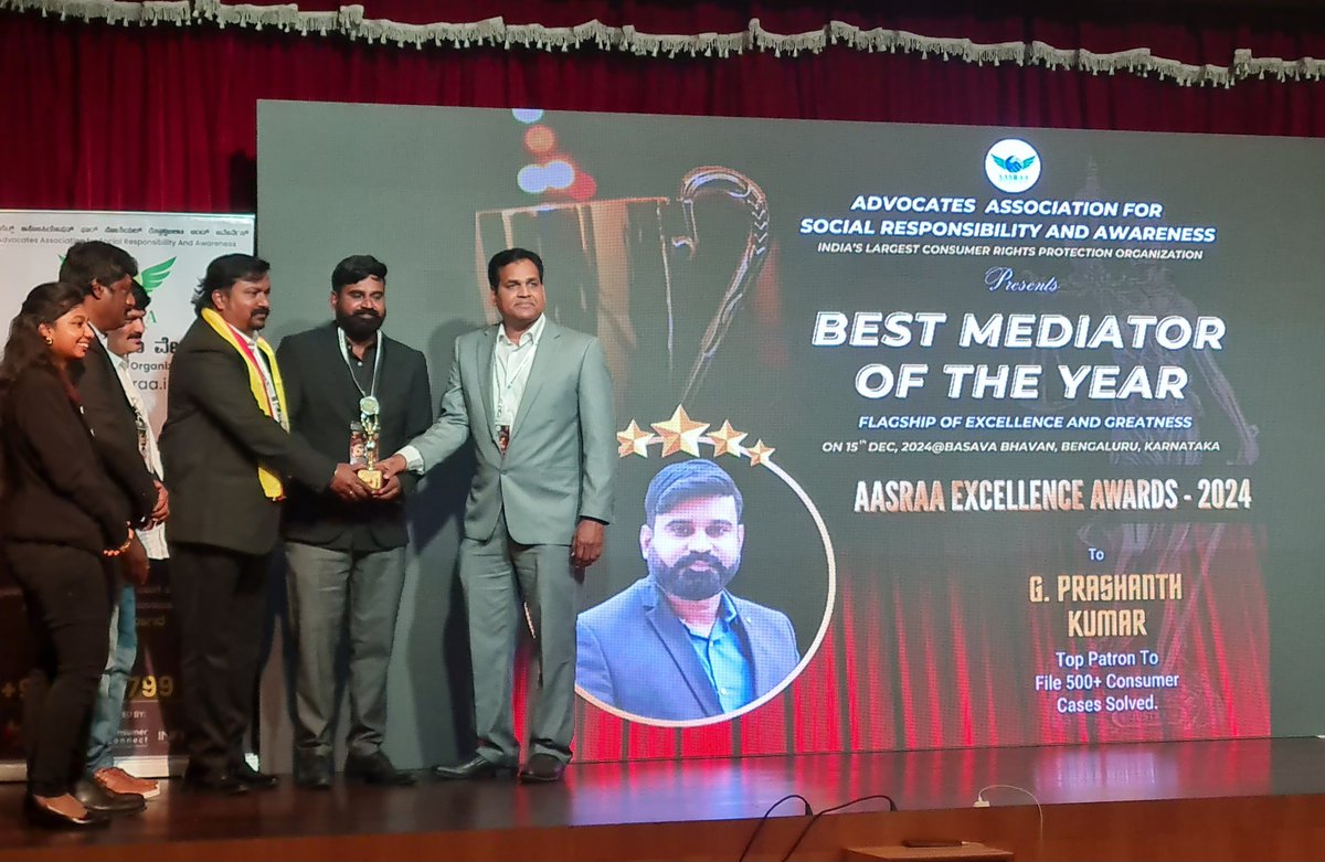 prash_Aasraa's tweet photo. Honored to receive the Best Mediation of the Year award in Bangalore! Grateful to #Aasraa, #AdvocateAssociation, and everyone who supported this journey. Dedicated to promoting #Mediation, #ConsumerRights, and excellence in the legal profession.

#Award #Advocate #LegalExcellence https://t.co/yeGZY020G5