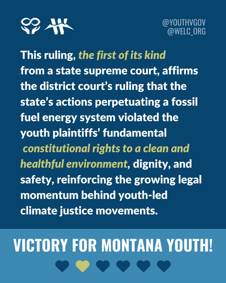 movementrights's tweet photo. Montana's highest court sided with the 16 youth plaintiffs who sued the state over its promotion of fossil fuel extraction and its failure to consider climate change impacts in its decision-making. Congratulations!! #YouthvGov #WELC #ClimateAction #ClimateJustice @youthvgov https://t.co/eYXzC0TZOs