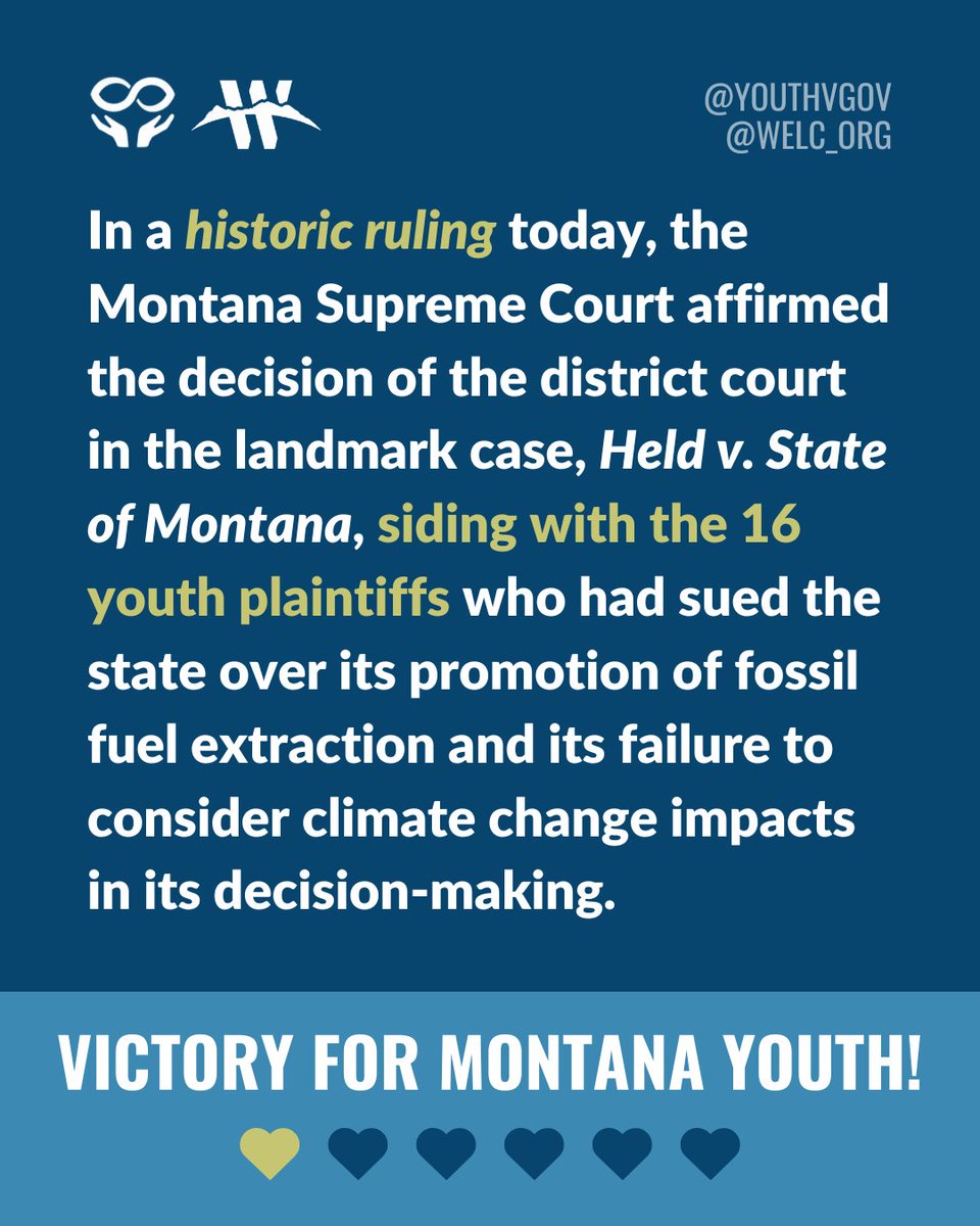 movementrights's tweet photo. Montana's highest court sided with the 16 youth plaintiffs who sued the state over its promotion of fossil fuel extraction and its failure to consider climate change impacts in its decision-making. Congratulations!! #YouthvGov #WELC #ClimateAction #ClimateJustice @youthvgov https://t.co/eYXzC0TZOs