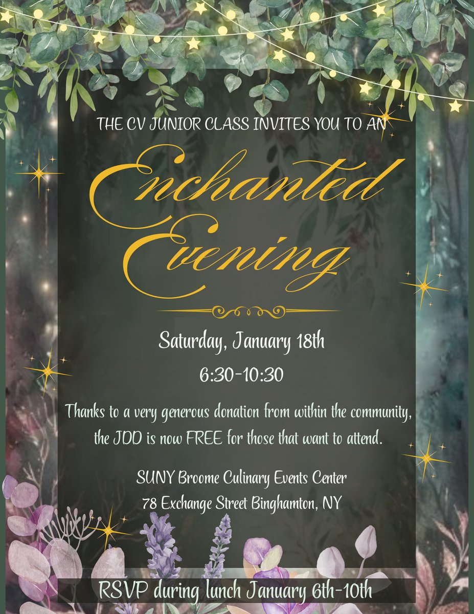 We are excited to announce that, thanks to an incredibly generous donation from a member of our community, the Junior Dinner Dance is now FREE for all Chenango Valley juniors! ✨ Students can RSVP to attend during lunch from January 6-10.
